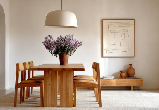 Serene and modern dining room with natural wood furniture and abstract art. A welcoming and minimalist atmosphere, ideal for gatherings and special occasions.