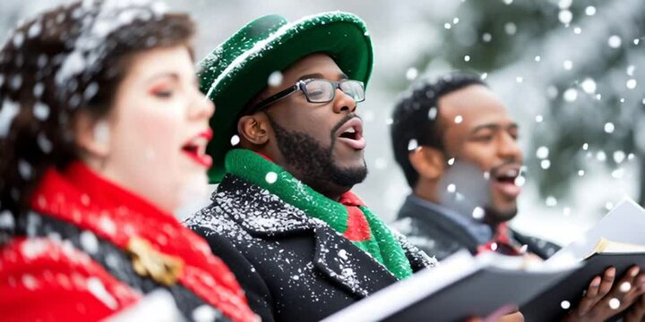 christmas carolers singing in the winter snow