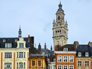 Lille cityscape, La Grand Place square in city center, Flemish mannerist architecture style...