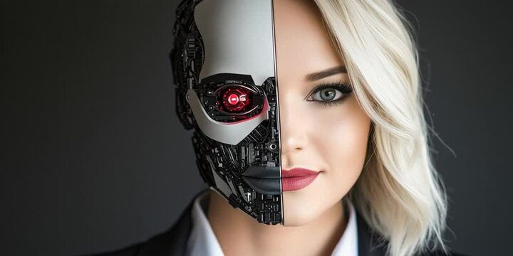 A professional business woman's portrait with face divided in half between human and AI robot