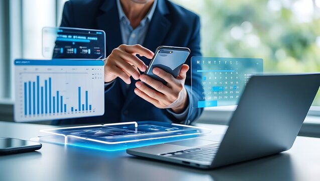 Tech-savvy professional manages data and schedules with advanced digital tools, Dynamic data analysis and time management using cutting-edge technology in business setting