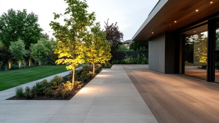 Obraz premium Modern house patio evening landscape design