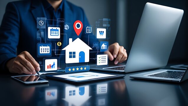 Real Estate Management App Concept on Multiple Devices, Modern Technology in Property Management, Simplifying Real Estate Investment