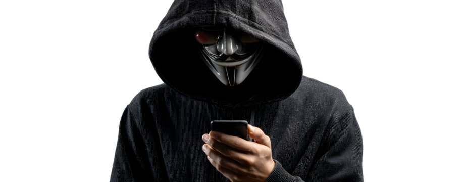 Hacker Anonymous and face mask with smartphone in hand. Man in black hood shirt holding and using mobile phone on white background. Represent cyber crime data hacking or stealing personal data concept