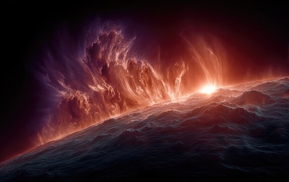 Spectacular bursts of energy and vivid colors emerge from the surface of a celestial body, illuminating the vastness of space