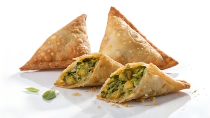 Crispy Vegetable Samosas with Spiced Filling and Golden Crust on White Background


