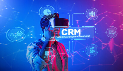 This image showcases a person using virtual reality technology in customer relationship management,...