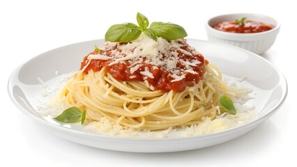 Spaghetti with Rich Tomato Sauce, Fresh Basil, and Grated Cheese on Top


