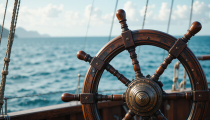 A ship's wooden steering wheel with brass accents, set against a backdrop of the ocean and distant land.