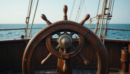 Wooden ship's wheel on deck with the ocean visible in the background.