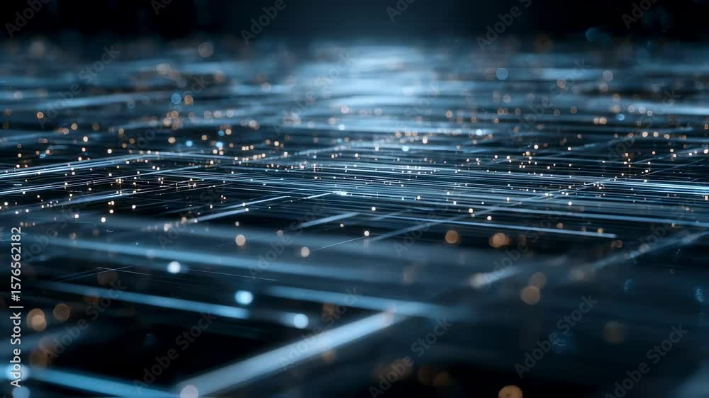 Poster complex network of interconnected nodes and glowing lines representing data flow, information exchan