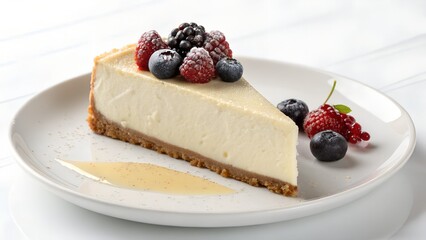 Creamy Cheesecake Slice with Fresh Berries and Sauce Drizzle on White Plate


