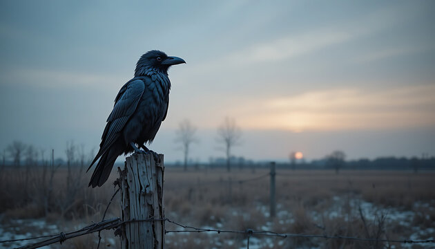 A solitary raven perches atop a weathered fence post at sunset, its dark silhouette contrasting against the fading light of the sky