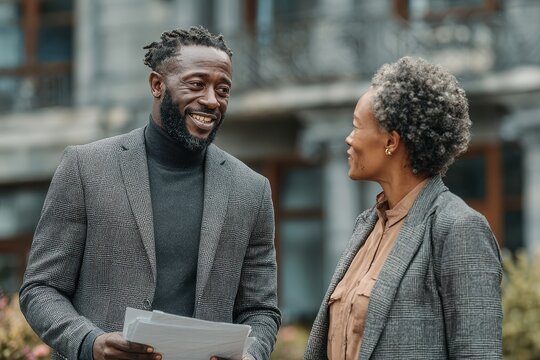 Two business professionals discussing documents outside of a modern office building in the city