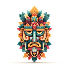A vibrant, ornate mask, rich in color and intricate design, stands against a white background.
