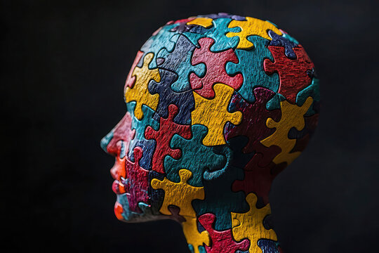 A puzzle head profile with colorful jigsaw pieces against a dark background symbolizing autism awareness