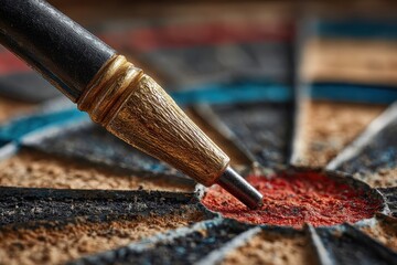 Wooden pen tip touching a target carved into a circular wood pattern on a textured table