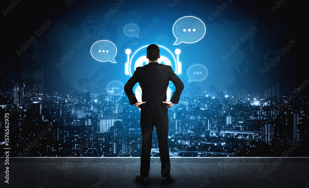 Poster ai chatbot virtual assistant interacting with users through ai conversation bubbles, symbolizing ai 