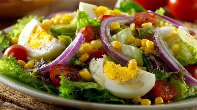 A closeup of a refreshing salad showcasing a blend of crisp lettuce leaves bright yellow corn and vibrant red onion interspersed with slices of boiled egg and diced tomatoes all drizzled