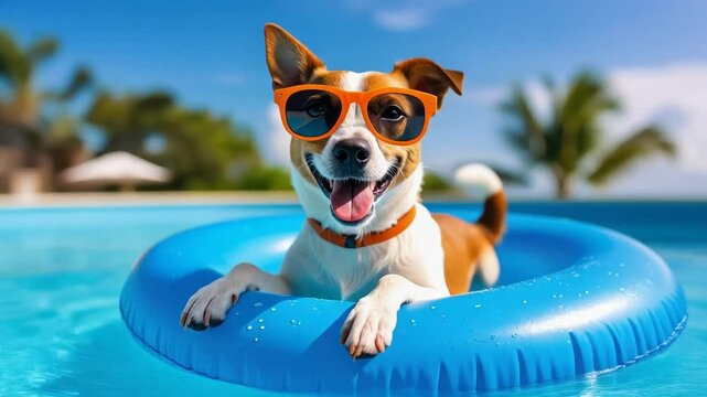 Jack Russell Terrier dog wearing sunglasses in a swimming pool with blue float on hot summer day