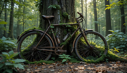 An abandoned and rusty vintage bicycle leans against a mosscovered tree in a tranquil forest, its weathered frame a testament to time and natures embrace