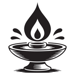 Fototapeta premium A stylized black and white graphic illustration of a traditional oil lamp with a flame and splashes of liquid representing light energy and tradition