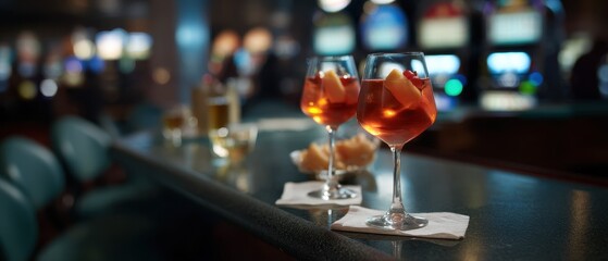 Elegant cocktail glasses at casino bar overlooking gaming floor for nightlife experience