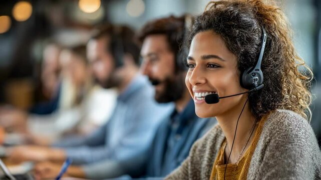 A bustling call center environment in softfocus showcasing multiple agents engaged in conversations with customers. In the foreground a smiling agent is taking notes and looking confident