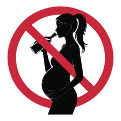Silhouette of a pregnant woman drinking from a bottle with a red prohibition sign over her symbolizing the danger of alcohol consumption during pregnancy