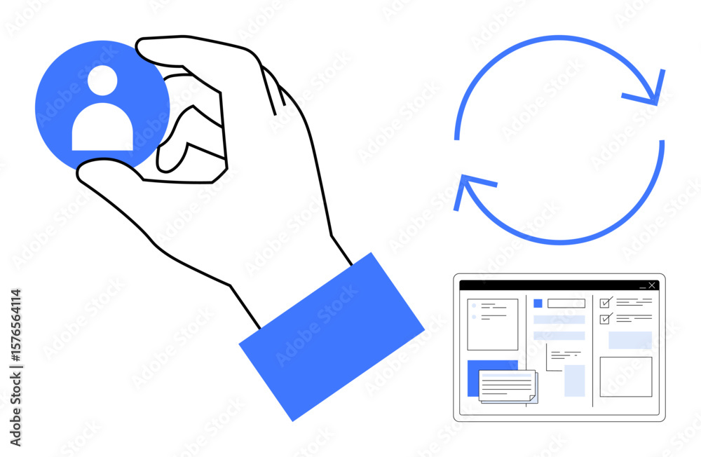 Poster hand picking user icon, circular arrows symbolizing process continuity, web interface elements showc