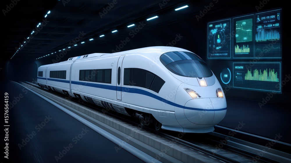 Poster high-speed train in futuristic station with digital interfaces and analytics displaying performance 