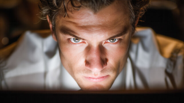 A man with a serious expression is looking at a computer screen. Concept of focus and determination as the man stares intently at the screen