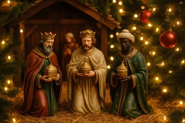 Fototapeta premium Three Wise Men Figurines in Festive Nativity Scene with Warm Christmas Lights and Decorations