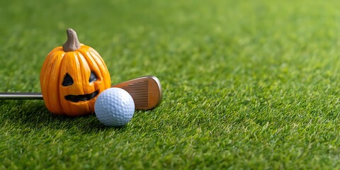 Naklejka premium Autumn Golfing Fun Halloween Themed Golf Ball and Pumpkin Decoration