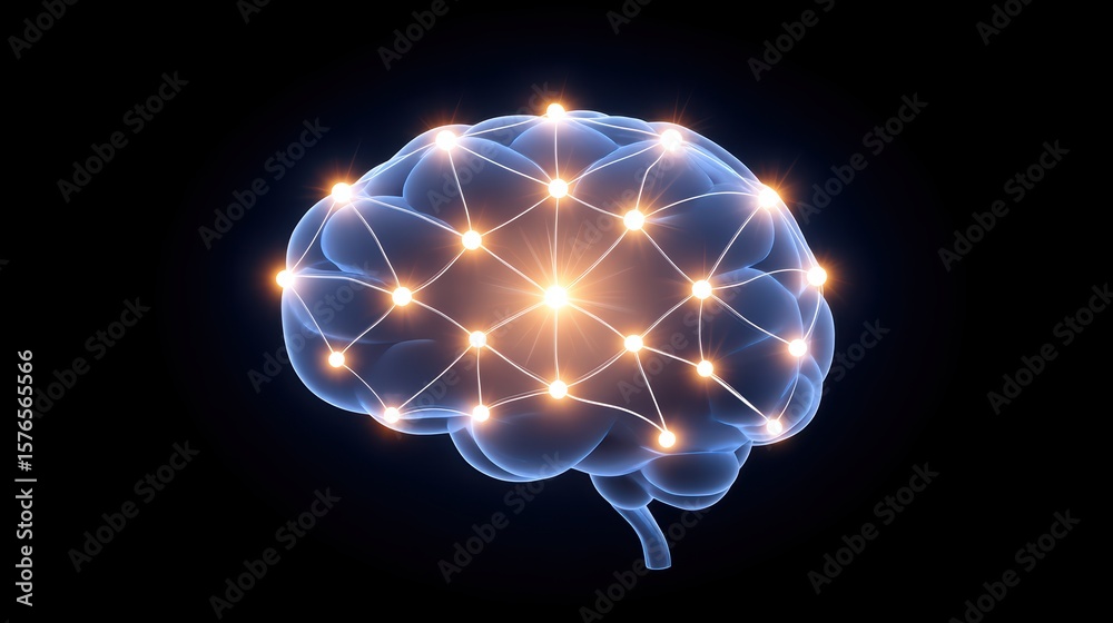 Poster abstract representation of a brain with network connections and light points illuminating neural pat