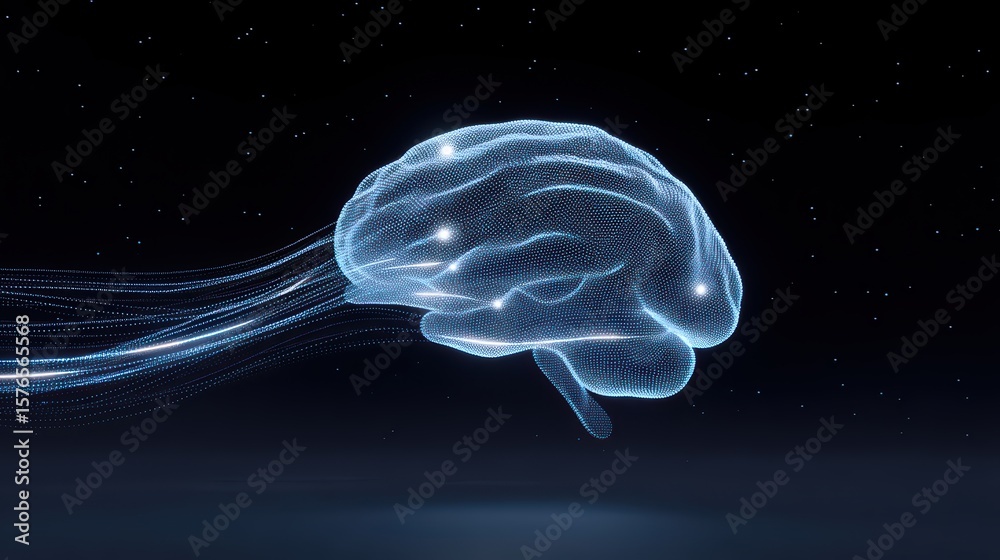 Poster digital representation of a brain with flowing data lines, symbolizing artificial intelligence and c
