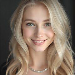 Naklejka premium Portrait of a Smiling Blonde Woman with Green Eyes
