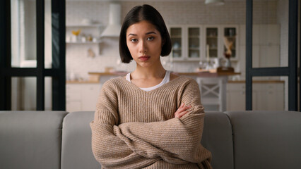 Serious hispanic latino woman worried displeased stressed girl homeowner tenant loan mortgage...