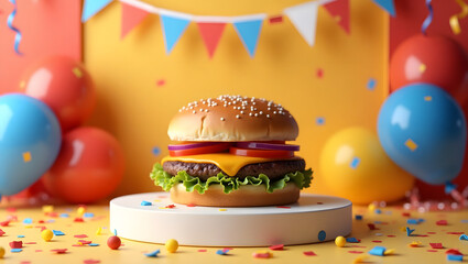 Vibrant, festive atmosphere showcasing a classic American cheeseburger on a raised pedestal
