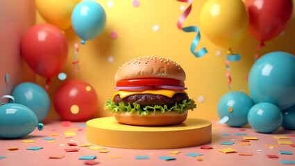Vibrant, festive atmosphere showcasing a classic American cheeseburger on a raised pedestal