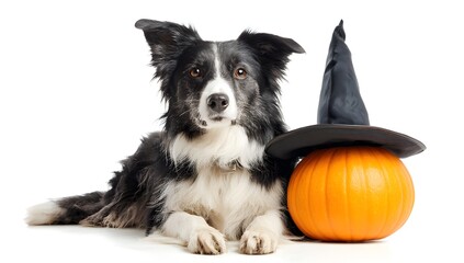Obraz premium Border Collie wearing Halloween Witch Hat Sitting with a Pumpkin on White