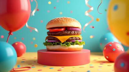 Vibrant, festive atmosphere showcasing a classic American cheeseburger on a raised pedestal