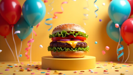Vibrant, festive atmosphere showcasing a classic American cheeseburger on a raised pedestal