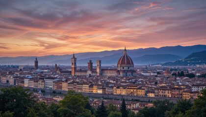 Fototapeta premium Panoramic view of Florence, Italy, at sunset, showcasing historical architecture and a dramatic sky.