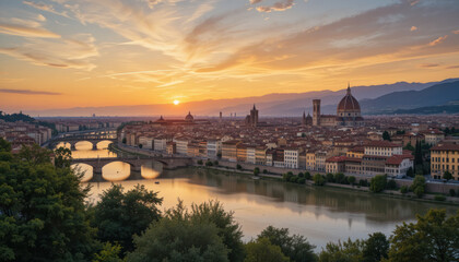 Obraz premium Florence cityscape at sunset, showcasing the Arno River, bridges, and iconic Duomo.