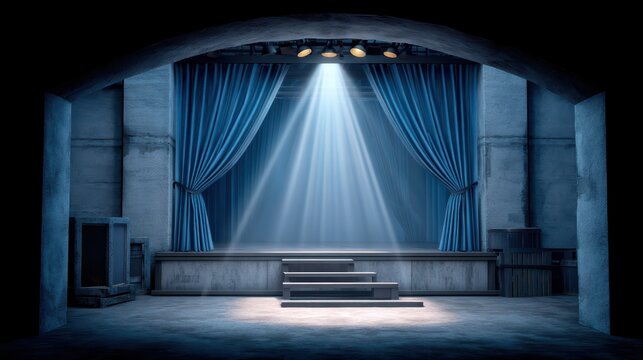 Empty Theater Stage with Blue Curtains and Dramatic Spotlight in a Dark Atmosphere