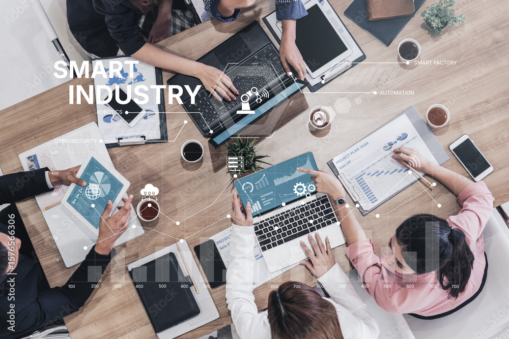 Poster smart industry dashboard combining automation, robotics, cloud integration, cybersecurity, and data 