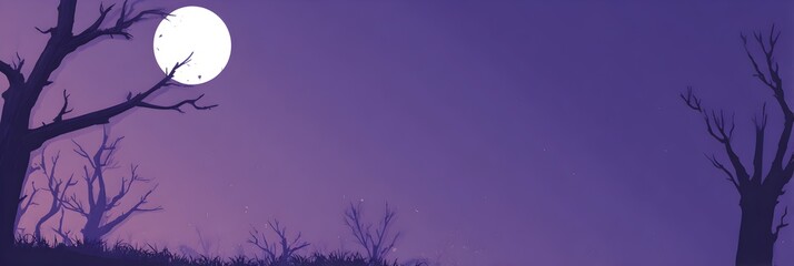 Eerie full moon night over a grassy landscape and dark tree silhouettes