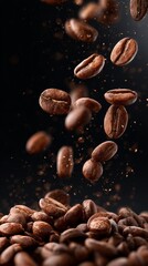 Obraz premium Floating Coffee Beans Creating a Dynamic Coffee Experience in a Dark Background