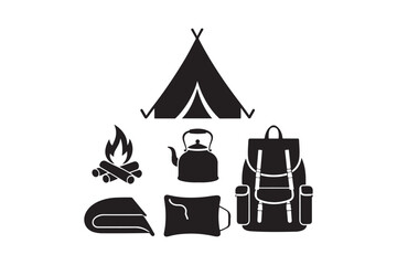 Camping gear icons tent fire kettle backpack and sleeping bag